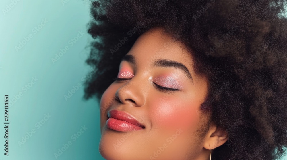 Closeup of a vibrant young woman in pastels, posing against a soft background.