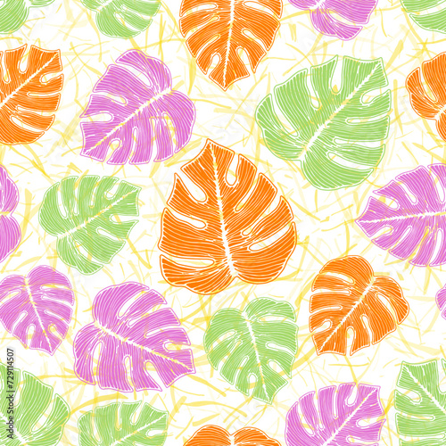 Ceriman jungle foliage floral seamless ornament over noisy background.