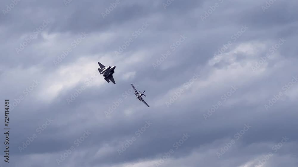 Airshow- Jet and Prop plane fly close in formation- Heritage Flight Airshow- Jet and Prop plane fly close in formation- Heritage Flight