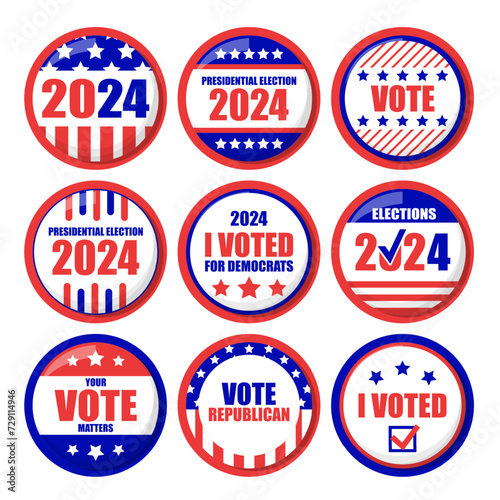 Set of election pins 2024 vector isolated. National campaign, vote for republicans or democrats, elections in USA. Democracy and patriotism.