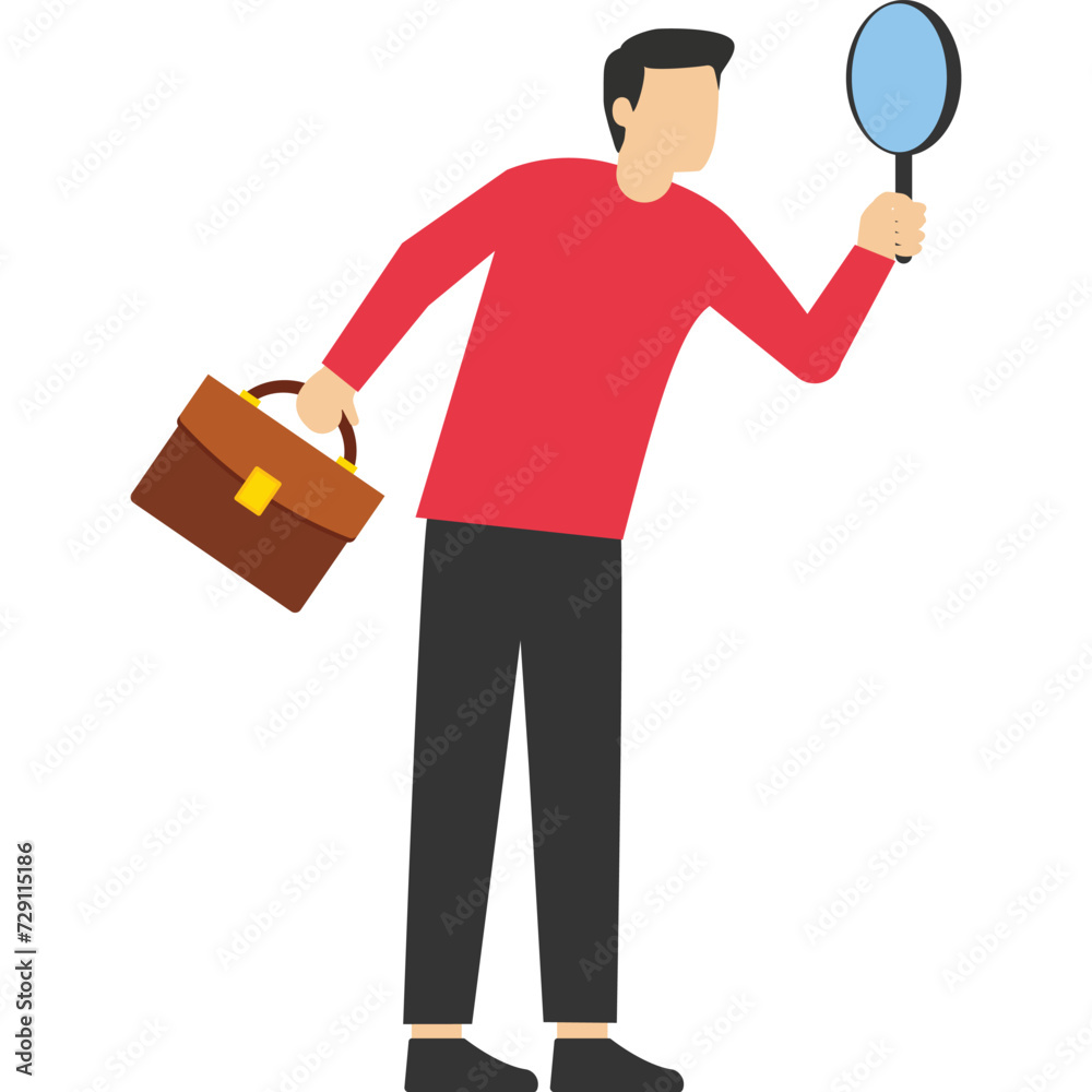 Search, find, report specialist analysis or investigation concept and research for insight information, curious male detective holding big magnifying glass and thinking about evidence and result. Search, find, report specialist analysis or investigation concept and research for insight information, curious male detective holding big magnifying glass and thinking about evidence and result.