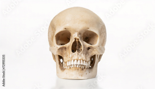 Human skull on white background with copy space