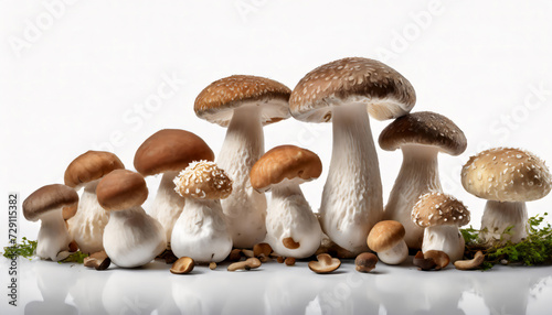 Mushrooms on white background with copy space