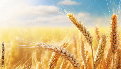 Spikelets in wheat field on summer day with copy space