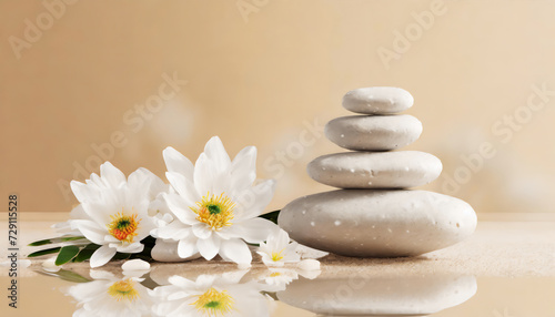 Stacks of white spa stones and flowers on light beige background with copy space