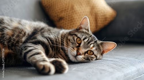 Beautiful domestic cat lies on the sofa and looks © Taisiia
