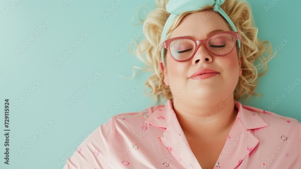 A confident plus-size woman in pastel pajamas strikes a pose against a soft pastel backdrop. A confident plus-size woman in pastel pajamas strikes a pose against a soft pastel backdrop.