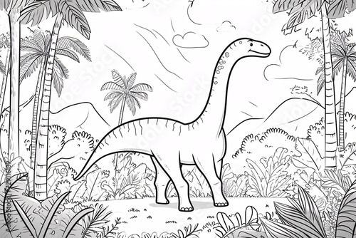 Diplodocus Dinosaur Black White Linear Doodles Line Art Coloring Page  Kids Coloring Book