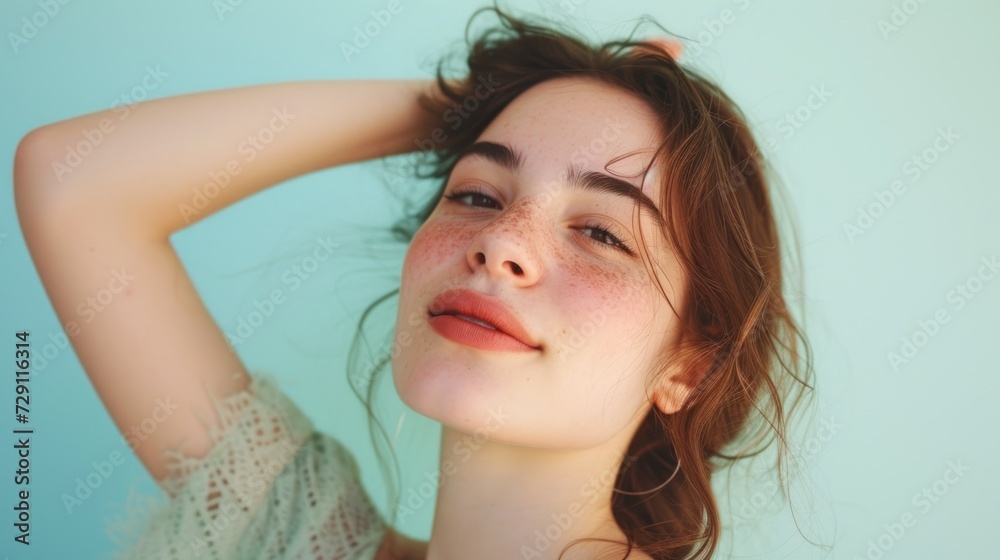A horizontal portrait featuring a young woman in modern pastel fashion and sparkling makeup. A horizontal portrait featuring a young woman in modern pastel fashion and sparkling makeup.