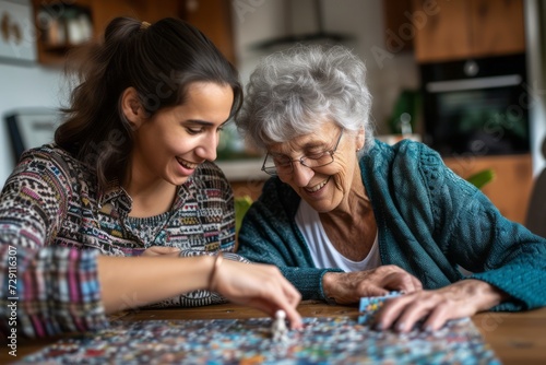Smiling female caregiver assisting senior woman doing puzzle at home photo