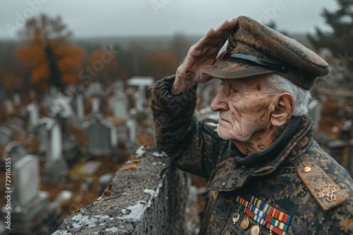 Veteran's Day Tribute A WWII Veteran Salutes the Fallen Generative AI photo