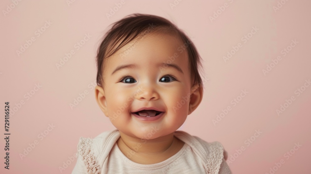 A happy Asian toddler smiles at the camera in a soft studio setting. A happy Asian toddler smiles at the camera in a soft studio setting.