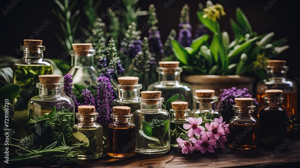 Assorted essential oil bottles with fresh plants lavender, peppermint, rosemary