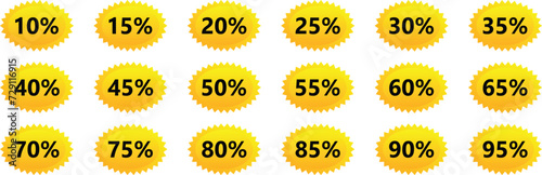 Yellow Discount badges, tags, stickers Discount badges. 10% to 95percent off. Vector illustration photo