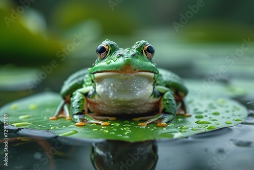 Frog Faceoff A Green Frog's Close-Up on a Lily Pad Generative AI © Aryan