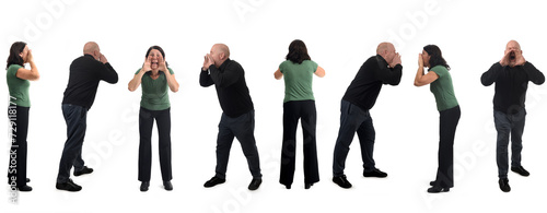 various poses of the same man and the same woman screaming on white background