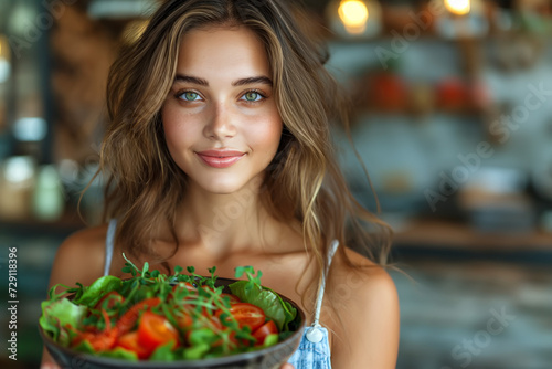 A beautiful Hispanic woman holds a salad in her hands in the kitchen. A young woman prepares healthy vegan food for herself at home. A woman takes care of her body and health.