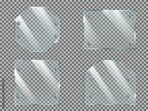 Set of glass or plastic plate with metal mounts. Realistic vector illustration isolated on transparent background.