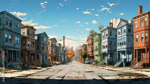 Old town street with derelict houses. Digital illustration style