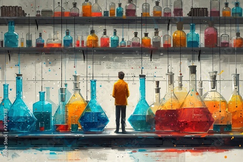Scientist in a Lab with Colorful Chemicals and Glassware Generative AI photo