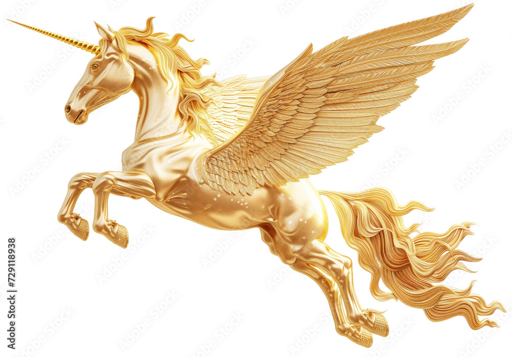 A metallic golden pegasus statue isolated on a white background