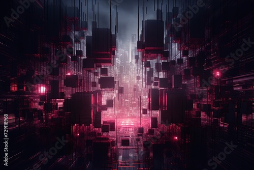 A futuristic urban landscape bathed in purple light, a cyberpunk city