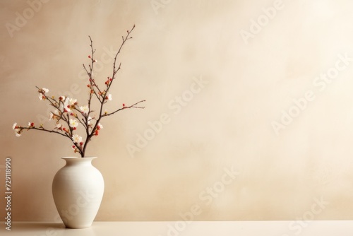 Blossom branch in ceramic vase near studio wall background, space for text