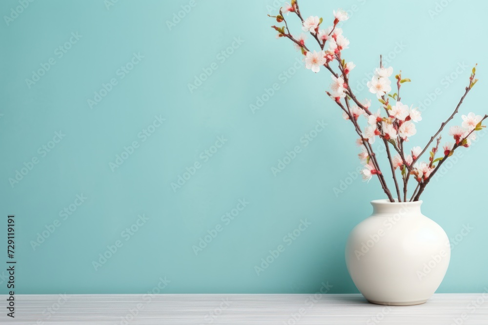 Blossom branch in ceramic vase near studio wall background, space for text Blossom branch in ceramic vase near studio wall background, space for text