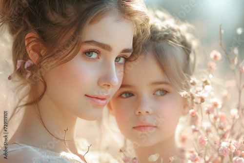 Photo of a beautiful young mother with a little girl-child in her arms against the backdrop of a flower field. The concept of tender and loving feelings and happy motherhood.