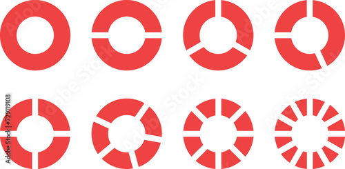 Sliced circle. Fractions pie divided for math. Red circle pie with pieces. Segment slice set. Vector illustration photo