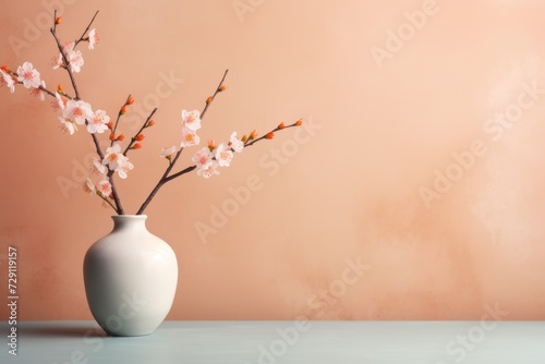 Blossom branch in ceramic vase near studio wall background  space for text