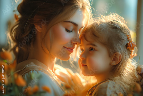 Photo of a beautiful young mother with a little girl-child in her arms against the backdrop of a flower field. The concept of tender and loving feelings and happy motherhood.