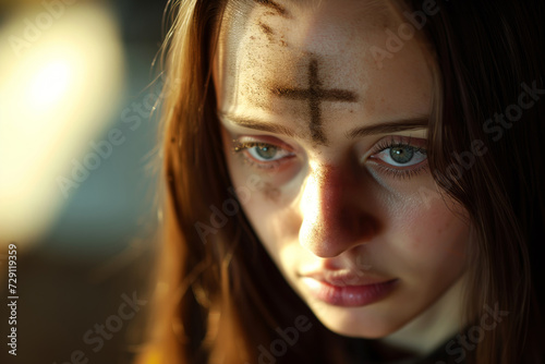 Young woman with painted cross on forehead. Symbol from ashes as part of Ash Wednesday celebration. Catholic day and supplies for believers