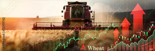 Sunset over wheat fields with combine and rising financial chart, illustrating market dynamics