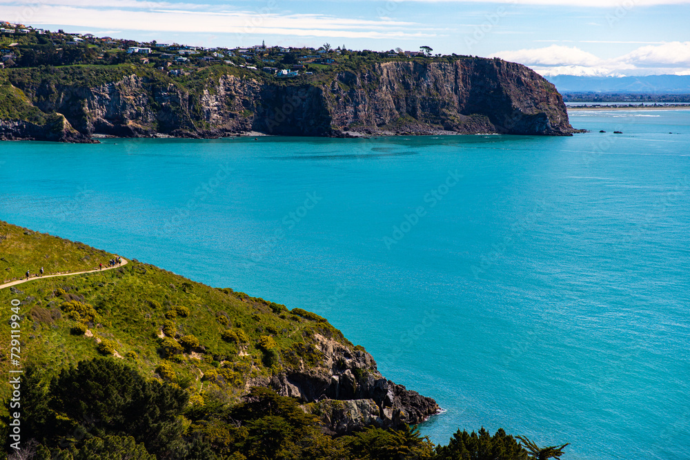 Fototapeta premium beautiful idyllic coastline alongside the godley head walkaway in christchurch, canterbury, new zealand