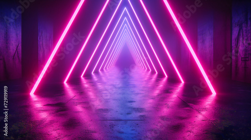 Vibrant neon lights in a futuristic stage setting, featuring geometric laser patterns and a modern, electric ambiance for a high-tech performance