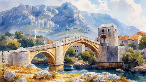 Foto Watercolor painting of old stone bridge