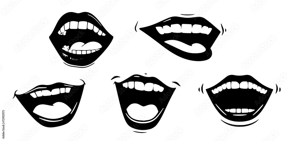 Lips laughing, girl lipstick vector illustration. Mouth expressions in style of hand drawn black doodle on white background. Smile emotions silhouette grunge sketch Lips laughing, girl lipstick vector illustration. Mouth expressions in style of hand drawn black doodle on white background. Smile emotions silhouette grunge sketch
