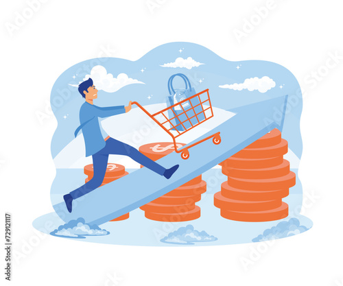 Inflation and prices rising after money value growth tiny person concept. Business and economy unstable prediction with financial problems and market crash forecasting. flat vector modern illustration