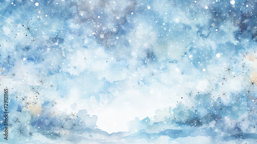 winter postcard blank form watercolor drawing, landscape in blue tones, covered with snow, snowfall in light blue tones abstract blurred background