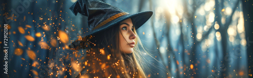 Smiling woman witch in special hat looks at sunny sky in middle of dark forest at night. Fire lights illuminate lady on Halloween holiday photo