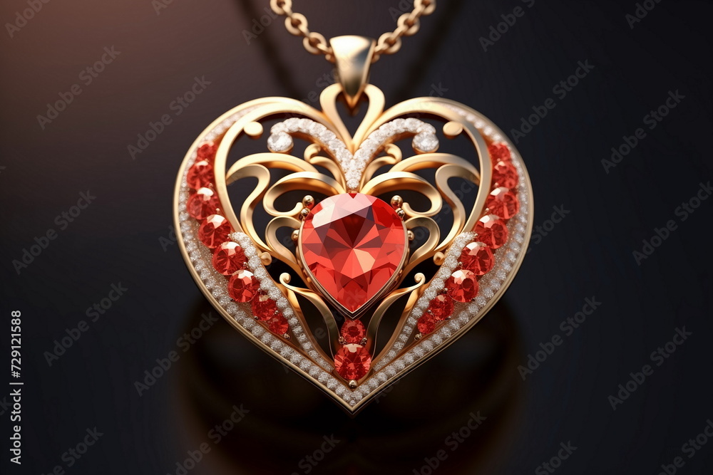 Close up view of gold jewelry pendant with heart-shaped ruby and diamonds.