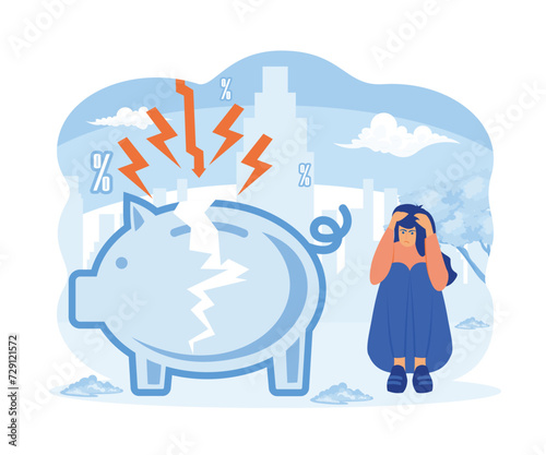 Stressed person sitting at broken piggy bank. Animation ready duik friendly vector. Conceptual business story. Financial crisis, economic recession, bankruptcy, depression. flat vector modern illustra