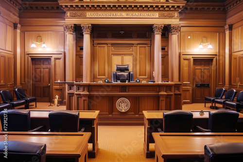 courtroom interior without people with wooden furniture and black leather chairs