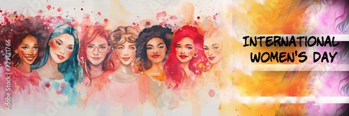 Diverse multiracial and multigenerational women celebrating friendship and happiness. Women's day concept in watercolor style panorama © Kanokmai