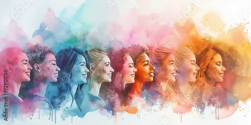 Diverse multiracial and multigenerational women celebrating friendship and happiness. Women's day concept in watercolor style panorama photo