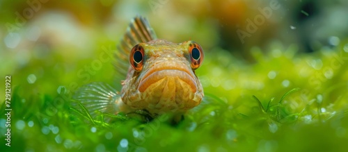 Menacing Tripterygion delaisi portrayed with cute Black faced blenny among green algae. photo