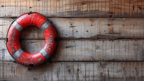 a lifebuoy on a wooden background