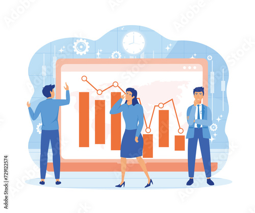 Panicking people in front of monitor with graph of falling stock prices. Conceptual business story. Financial crisis, economic recession, bankruptcy, depression. flat vector modern illustration