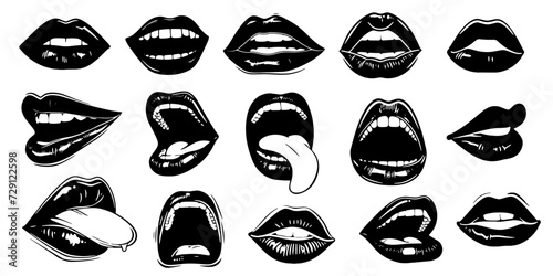 Lips kiss, girl lipstick vector illustration. Mouth expressions in style of hand drawn black doodle on white background. Smile emotions silhouette grunge sketch